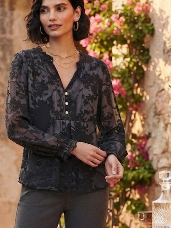 Diane Von Furstenberg Tops - Diane Von Furstenberg Navy and Black Floral Burnout Blouse Size 10